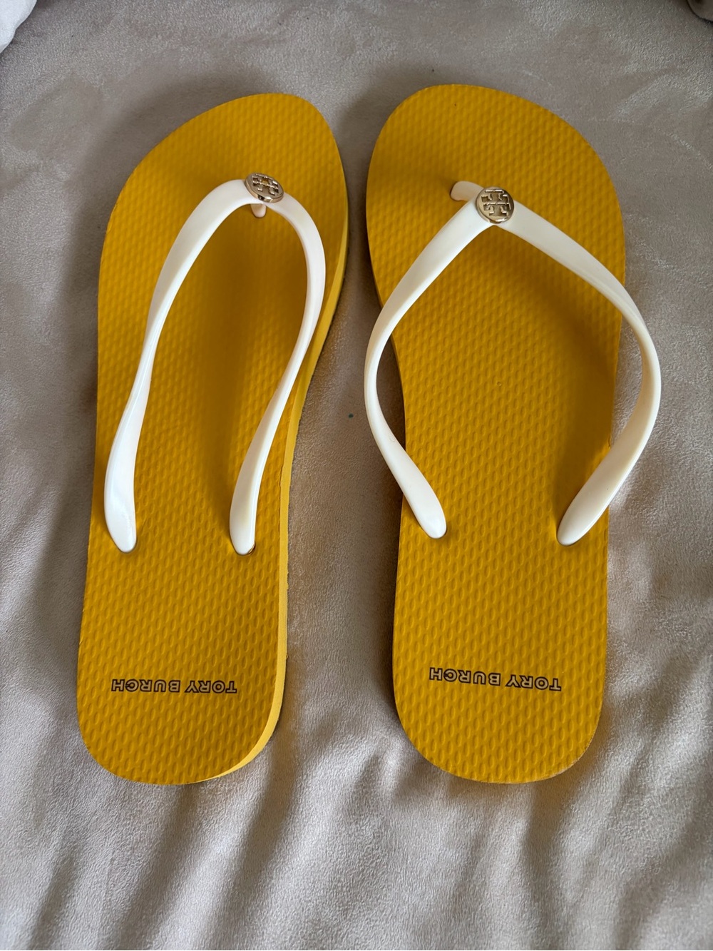 Tory Burch Yellow Flip Flop Sandals with White Straps and Logo Accent